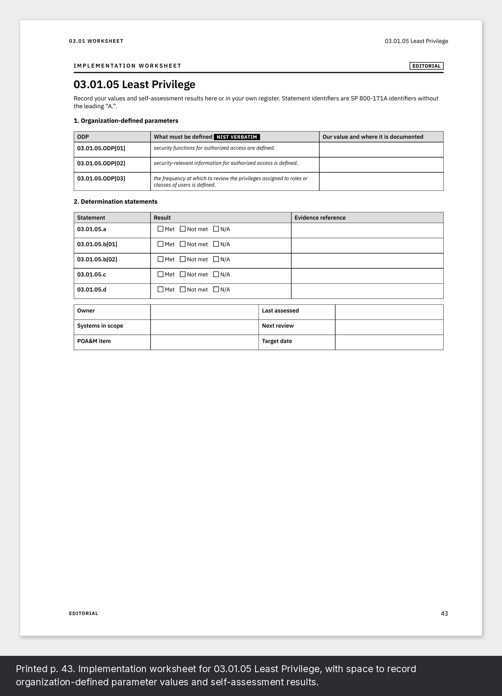 Printed p. 43. Implementation worksheet for 03.01.05 Least Privilege, with space to record organization-defined parameter values and self-assessment results.