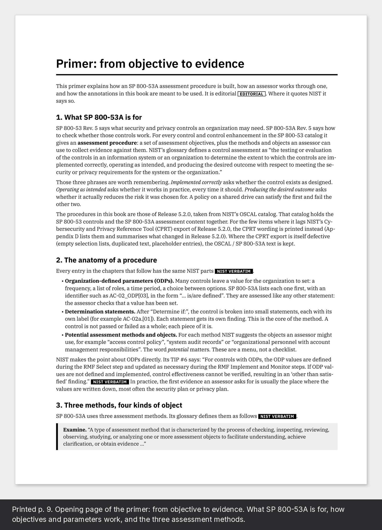 Printed p. 9. Opening page of the primer: from objective to evidence. What SP 800-53A is for, how objectives and parameters work, and the three assessment methods.