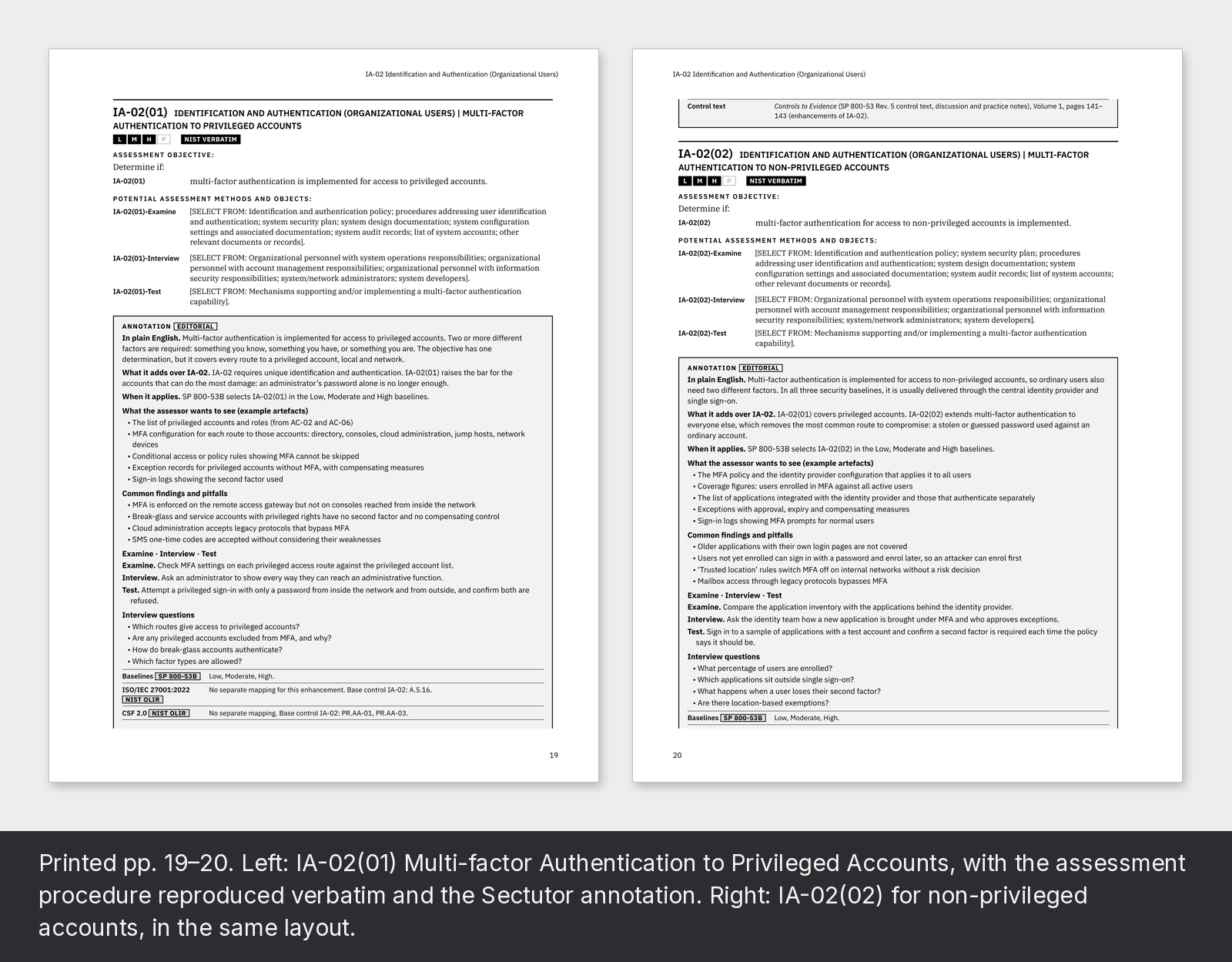 Printed pp. 19–20. Left: IA-02(01) Multi-factor Authentication to Privileged Accounts, with the assessment procedure reproduced verbatim and the Sectutor annotation. Right: IA-02(02) for non-privileged accounts, in the same layout.