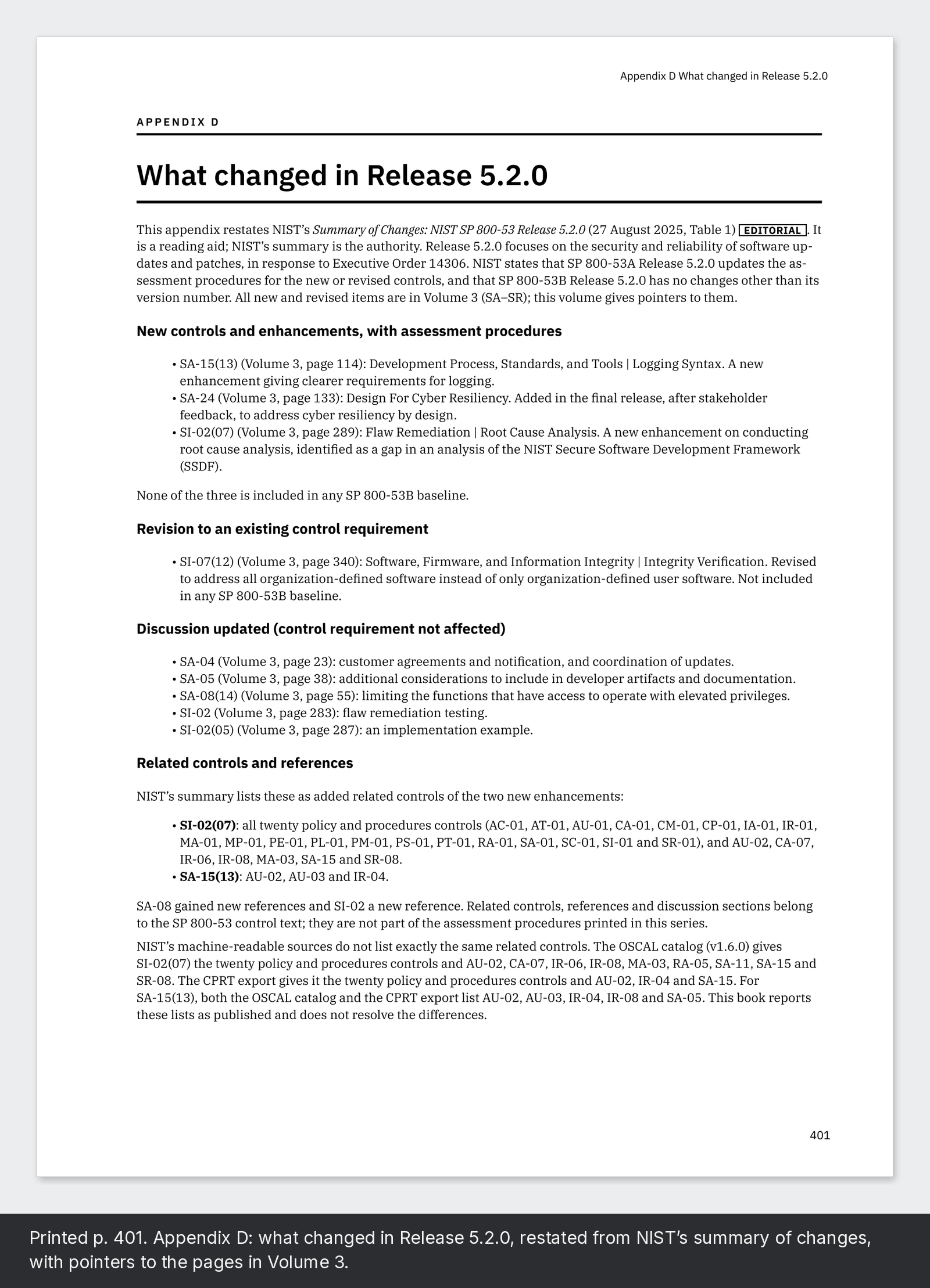 Printed p. 401. Appendix D: what changed in Release 5.2.0, restated from NIST’s summary of changes, with pointers to the pages in Volume 3.
