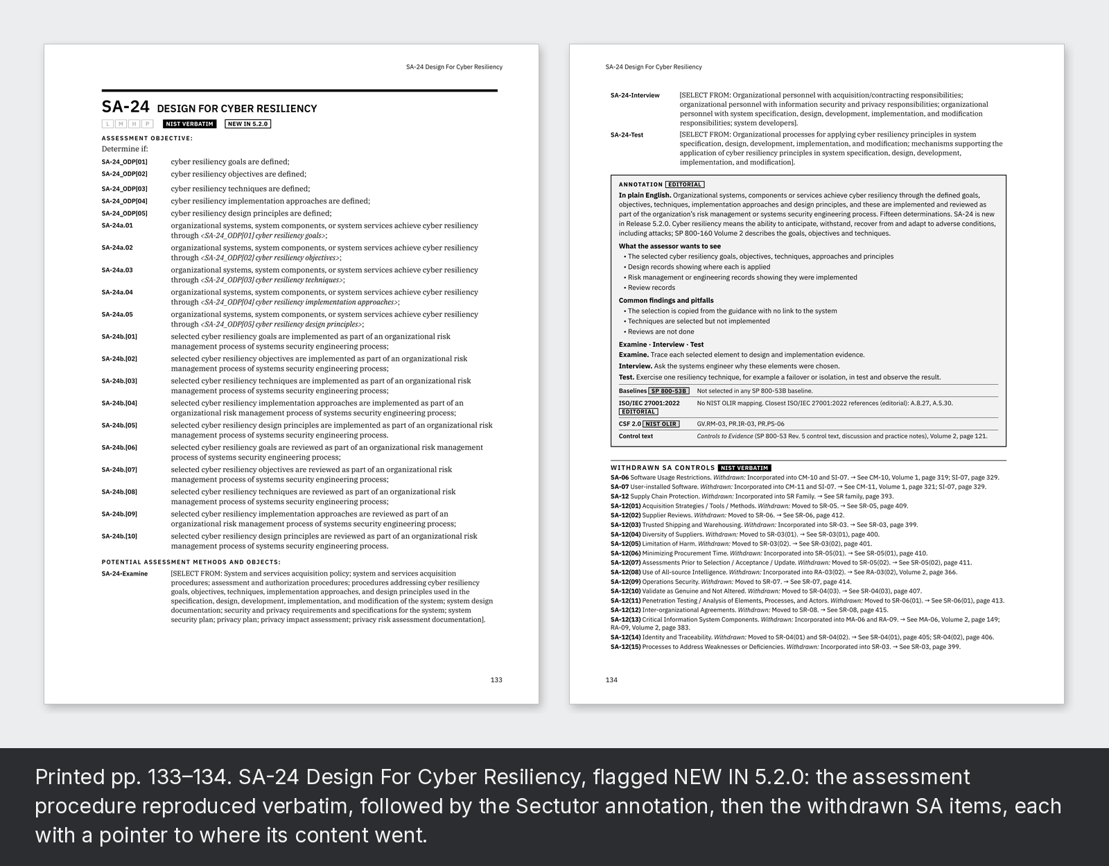 Printed pp. 133–134. SA-24 Design For Cyber Resiliency, flagged NEW IN 5.2.0: the assessment procedure reproduced verbatim, followed by the Sectutor annotation, then the withdrawn SA items, each with a pointer to where its content went.
