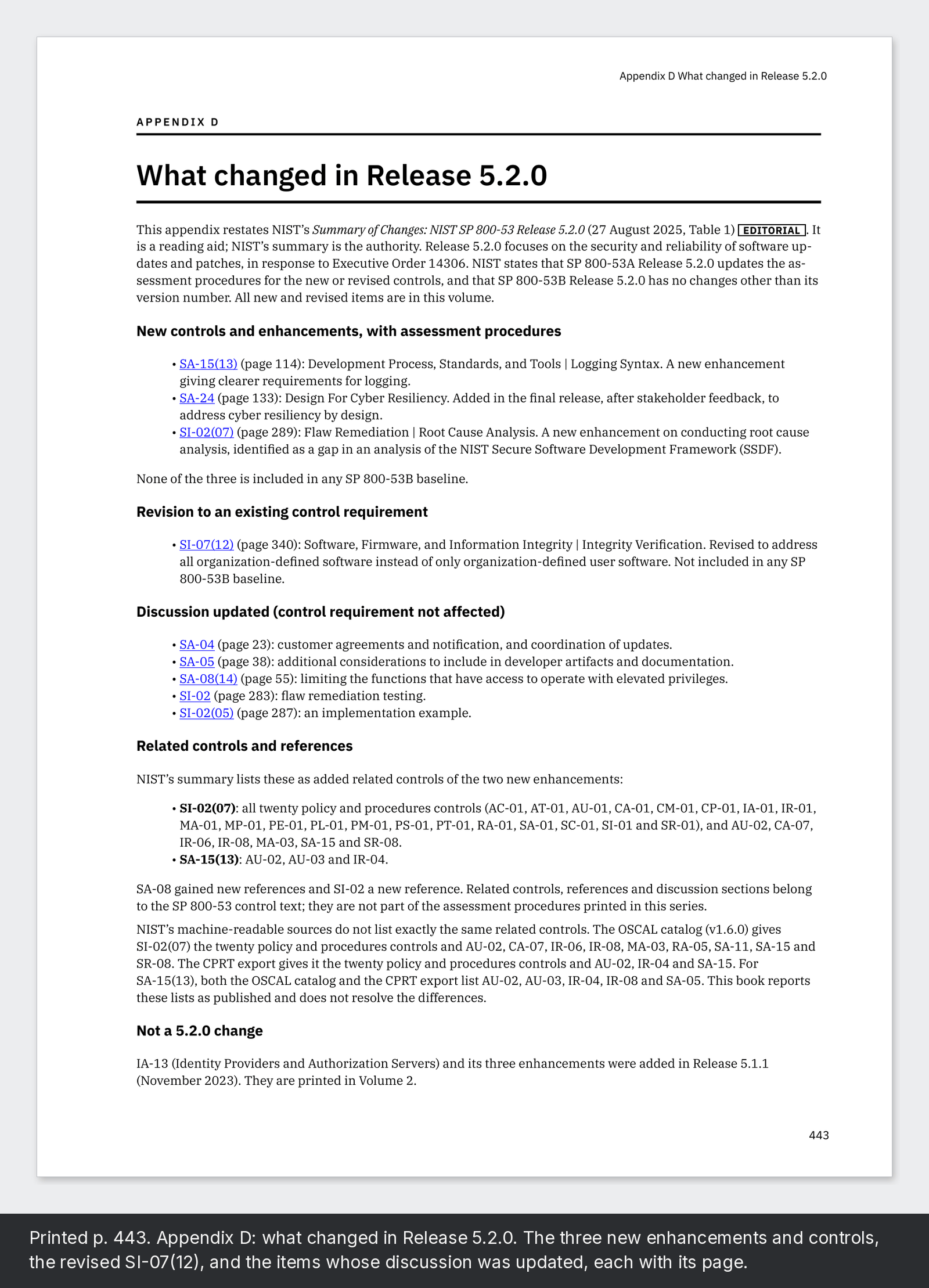 Printed p. 443. Appendix D: what changed in Release 5.2.0. The three new enhancements and controls, the revised SI-07(12), and the items whose discussion was updated, each with its page.